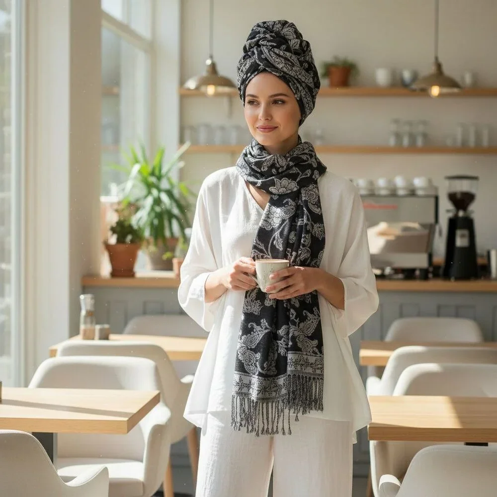 Black White Paisley Jacquard Scarf Shawl Fringe Boho Wrap Women 72x28 - Picture 7 of 9